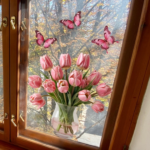 Watercolor Pink Tulip Vase And Butterflies Window Stickers PVC Removable Glass Decals For Home Bedroom Decoration