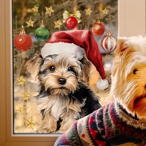 Christmas Watercolor Window Stickers Cute Dog Cat Santa Hat Star Ornaments Double Sided PVC Xmas Decals Home Decor