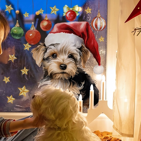Christmas Window Clings Static Stickers Cute Yorkshire Terrier Dog With Santa Hat Gold Stars Red Green Balls Decoration