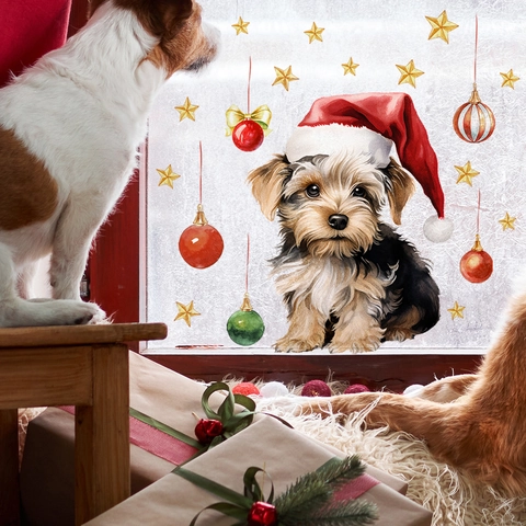 Christmas Window Clings Static Stickers Cute Yorkshire Terrier Dog With Santa Hat Gold Stars Red Green Balls Decoration