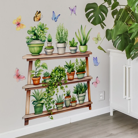 Fresh Green Potted Plants Shelf Wall Sticker PVC Self Adhesive Nordic Style Mural Decal For Living Room Kitchen Home Decor