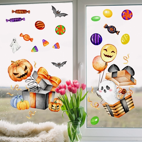 Halloween Statische Fensteraufkleber Kürbis Geist Fledermaus PVC Aquarell Haftend Abnehmbar Festliche Dekore Haus Party Dekoration