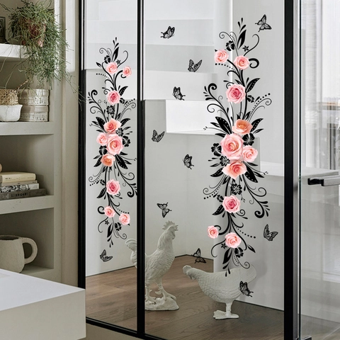 Pink Rose Butterfly Flower Vine Wall Stickers PVC Waterproof Self-Adhesive Mirror Glass Decal For Bathroom Home Decoration