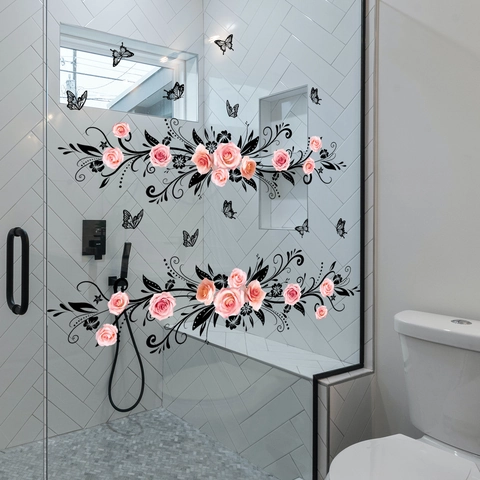 Pink Rose Butterfly Flower Vine Wall Stickers PVC Waterproof Self-Adhesive Mirror Glass Decal For Bathroom Home Decoration