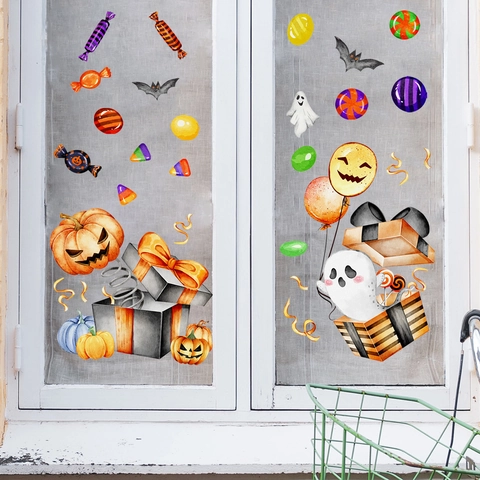 Halloween Statische Fensteraufkleber Kürbis Geist Fledermaus PVC Aquarell Haftend Abnehmbar Festliche Dekore Haus Party Dekoration