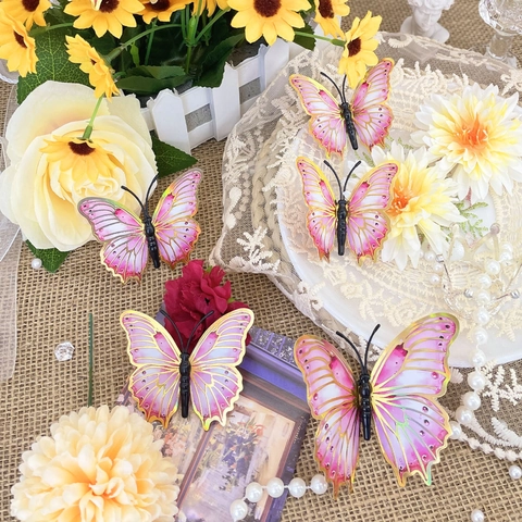 Pegatinas de Pared de Mariposa 3D Estereoscópicas Degradado Rosa Contorno Dorado Huecas Autoadhesivas DIY de Resina para Sala de Estar Dormitorio