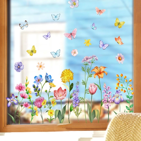 Adesivi Per Finestre Fiori Farfalla Acquerello Doppia Faccia Statici PVC Vetro Decalcomanie Rimovibili