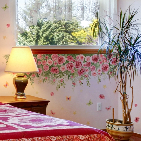 Roze Roos Bloem Vlinder Muurstickers PVC Aquarel Botanische Bloemen Decals Voor Slaapkamer Woonkamer Huis Decoratie