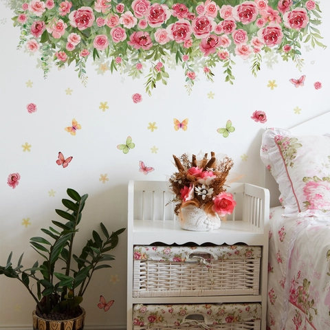 Roze Roos Bloem Vlinder Muurstickers PVC Aquarel Botanische Bloemen Decals Voor Slaapkamer Woonkamer Huis Decoratie