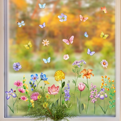 Adesivi Per Finestre Fiori Farfalla Acquerello Doppia Faccia Statici PVC Vetro Decalcomanie Rimovibili
