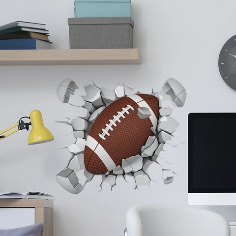 3D Visual American Football Cracked Wall Sticker PVC Waterproof Wall Decal For Kids Room Living Room Bedroom Sports Theme Decor