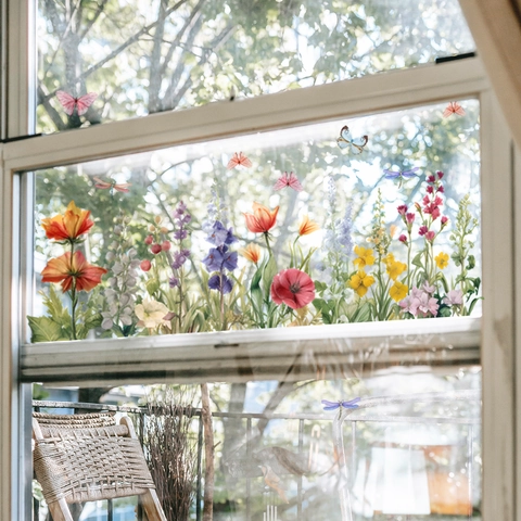 Farbenfroher Blumen Schmetterling Fensteraufkleber Aquarell Selbstklebende Glasdeko Abnehmbare Wandsticker Für Schlafzimmer Wohnkultur