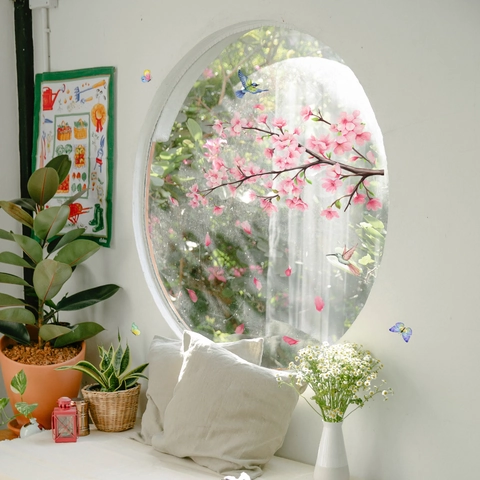 Pink Sakura Cherry Blossom Branch With Birds And Butterflies Wall Sticker Waterproof PVC Self Adhesive Window Cling For Bedroom Glass Home Decor