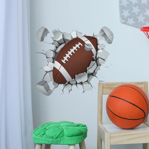 3D Visual American Football Cracked Wall Sticker PVC Waterproof Wall Decal For Kids Room Living Room Bedroom Sports Theme Decor