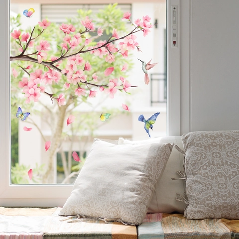 Floral Cherry Blossom Branch Wall Stickers Pink Flower Hummingbird Butterfly PVC Self Adhesive Window Decals Home Decor
