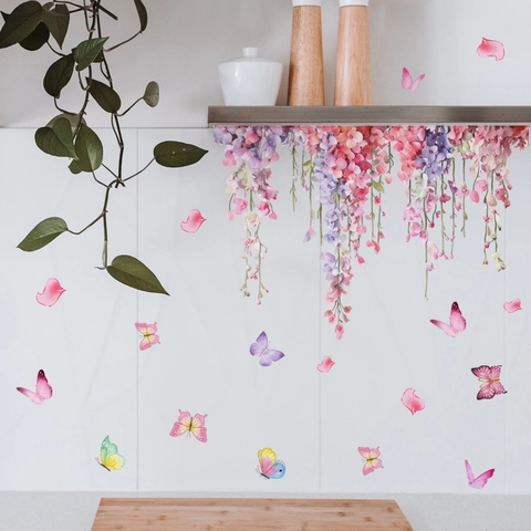 Roze Bloem Vlinder Toiletsticker Waterdicht PVC Decor Voor Badkamer Deksel Tank Wisteria Bloemen Muurkunst Huisdecoratie