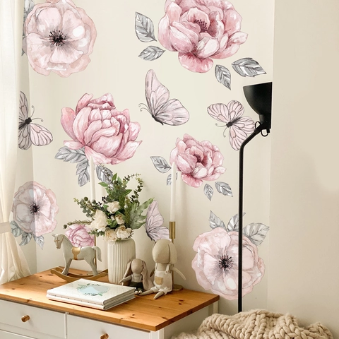 Watercolor Pink Peony Rose Flower Wall Stickers Butterfly Floral Green Leaf PVC Self Adhesive Wall Decal For Living Room Bedroom Home Decoration