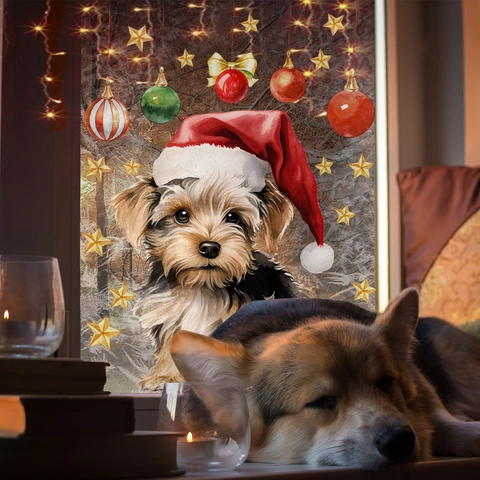 Weihnachten Aquarell Fensteraufkleber Süßer Hund Katze Weihnachtsmann Hut Stern Ornamente Doppelseitig PVC Dekor