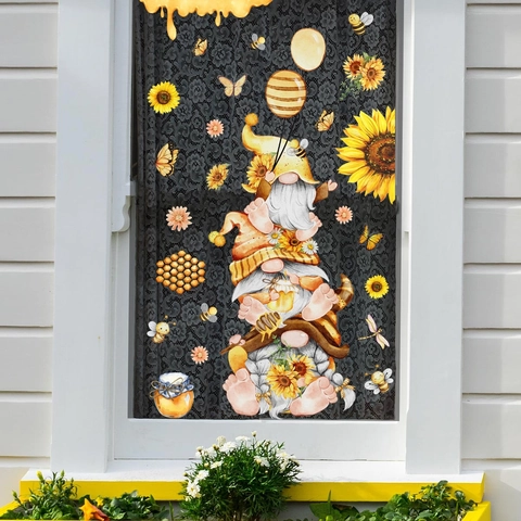 Sonnenblume Biene Gnome Fensterbilder Statische Glasaufkleber Doppelseitig Wasserdicht PVC Wanddeko Für Haus Küche Fenster Deko Aufkleber