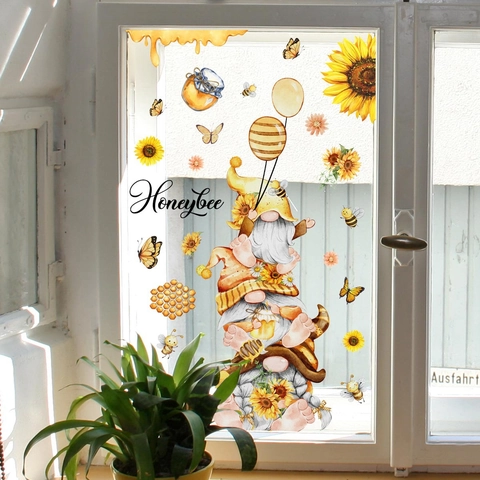 Sonnenblume Biene Gnome Fensterbilder Statische Glasaufkleber Doppelseitig Wasserdicht PVC Wanddeko Für Haus Küche Fenster Deko Aufkleber