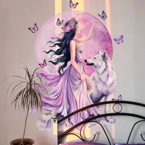 Fantasy Purple Fairy Girl Wall Stickers With White Wolf Moon Flowers Butterflies Removable PVC Art Decal For Bedroom Home Decor