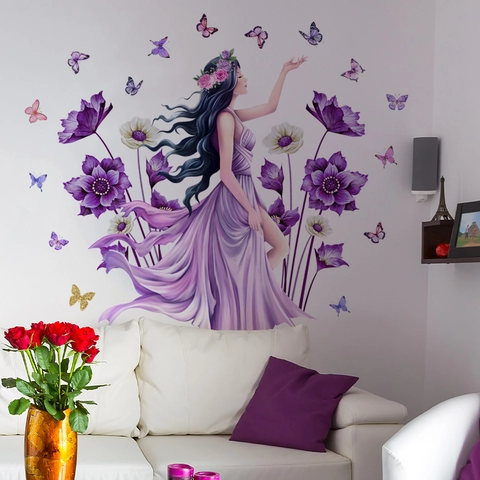 Fantasy Purple Girl Wolf Moon Wall Stickers PVC Self Adhesive Floral Butterfly Decor For Kids Room Bedroom Living Room Home Decoration