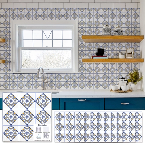 Stickers Carrelage Mandala Bleu Jaune Français Rétro Autocollants Imperméables en PVC Pour Cuisine Salle de Bain Maison