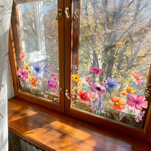 Pegatinas Ventana Flores Silvestres Acuarela Estáticas PVC Doble Cara Extraíbles Decoración Floral Vidrio Hogar