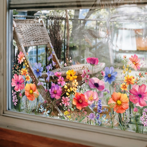 Pegatinas Ventana Flores Silvestres Acuarela Estáticas PVC Doble Cara Extraíbles Decoración Floral Vidrio Hogar