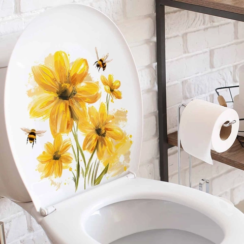 Adhesivo para Inodoro de Flores Amarillas y Abejas Acuarela PVC Removible Decoración de Baño Vinilo de Pared para WC
