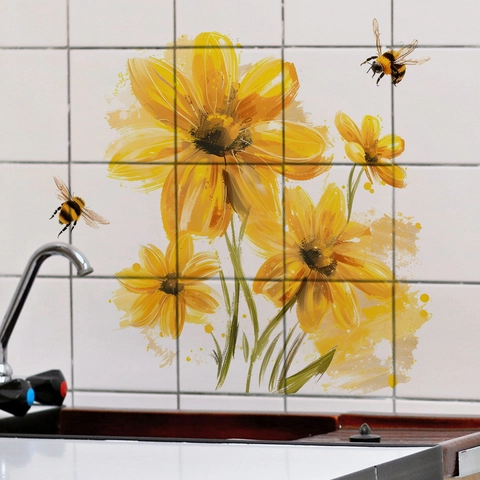 Adhesivo para Inodoro de Flores Amarillas y Abejas Acuarela PVC Removible Decoración de Baño Vinilo de Pared para WC
