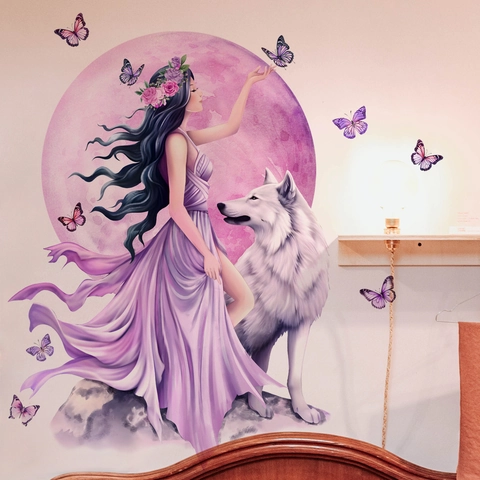 Fantasy Purple Fairy Girl Wall Stickers With White Wolf Moon Flowers Butterflies Removable PVC Art Decal For Bedroom Home Decor