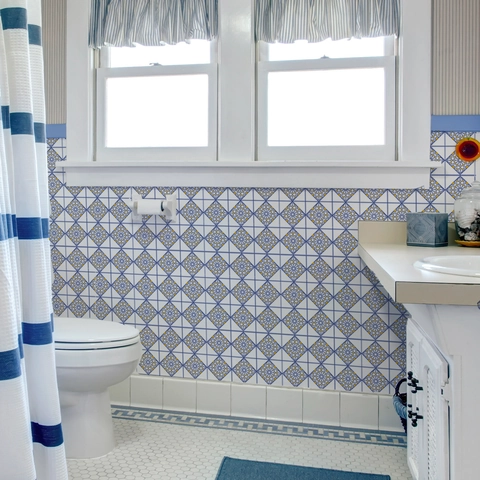 Stickers Carrelage Mandala Bleu Jaune Français Rétro Autocollants Imperméables en PVC Pour Cuisine Salle de Bain Maison