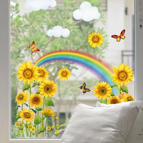 Zonnebloem Regenboog Vlinder Vensterstickers Dubbelzijdig Statisch Hechtend Glasstickers Voor Thuis Slaapkamer Decoratie