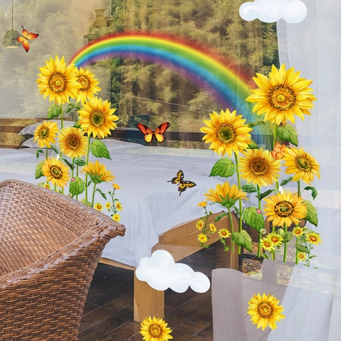 Zonnebloem Regenboog Vlinder Vensterstickers Dubbelzijdig Statisch Hechtend Glasstickers Voor Thuis Slaapkamer Decoratie
