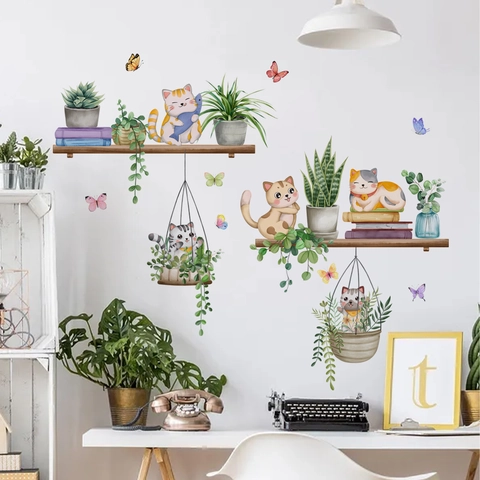 Waterproof PVC Watercolor Wall Stickers Cat Potted Plant Butterfly Bird Designs For Kitchen Living Room Home Decor Removable Decals