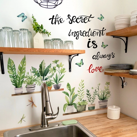Pegatinas de Pared de Plantas en Maceta de Acuarela PVC Mariposa Pájaro Para Cocina Comedor Decoración del Hogar Arte