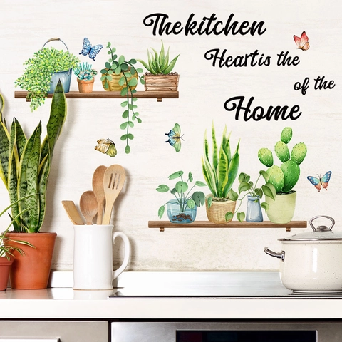 Waterproof PVC Watercolor Wall Stickers Cat Potted Plant Butterfly Bird Designs For Kitchen Living Room Home Decor Removable Decals