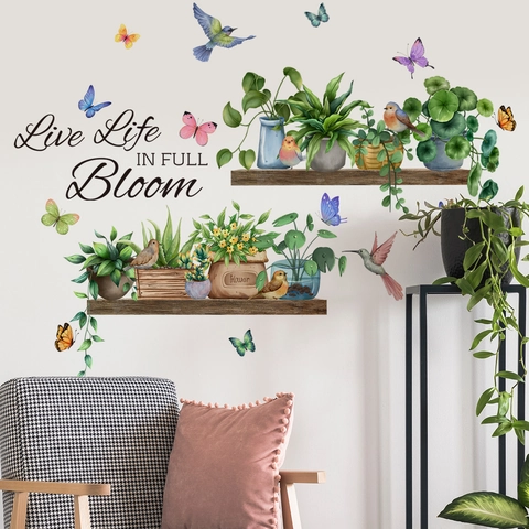 Pegatinas de Pared de Plantas en Maceta de Acuarela PVC Mariposa Pájaro Para Cocina Comedor Decoración del Hogar Arte
