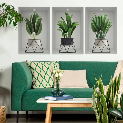 PVC 3D Visuelle Grüne Topfpflanzen Wandaufkleber Wasserdicht Modern Minimalistisch Alkoven Design Für Wohnzimmer Dekoration