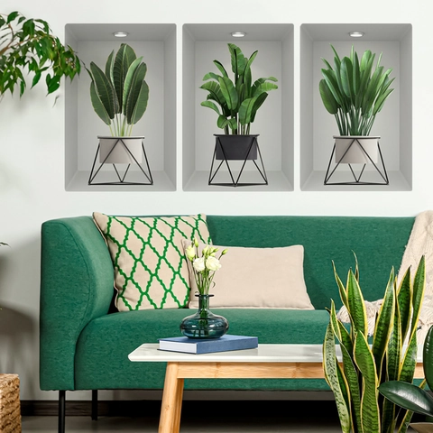 PVC 3D Visuele Groene Potplanten Muurstickers Waterdicht Modern Minimalistisch Nis Ontwerp Voor Woonkamer Decoratie