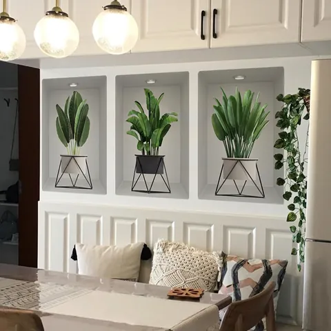 PVC 3D Visuele Groene Potplanten Muurstickers Waterdicht Modern Minimalistisch Nis Ontwerp Voor Woonkamer Decoratie