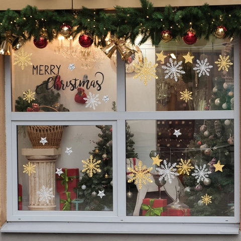 Christmas Window Stickers Snowflake Star Merry Christmas Glitter Decal Removable Double Sided Visible PVC Holiday Decoration