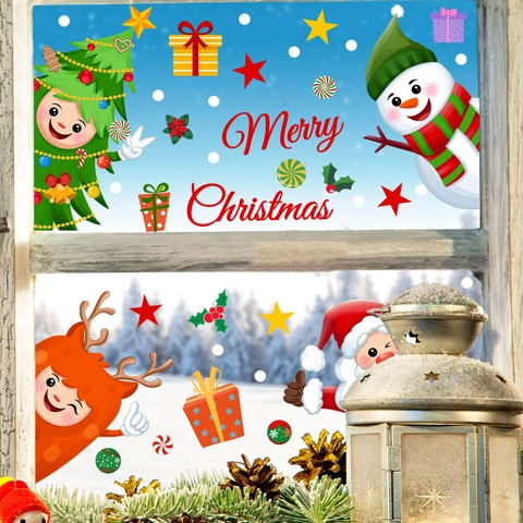 Christmas Window Stickers Static PVC Clings Santa Claus Snowman Reindeer Snowflakes Double Sided Visible Glass Decor