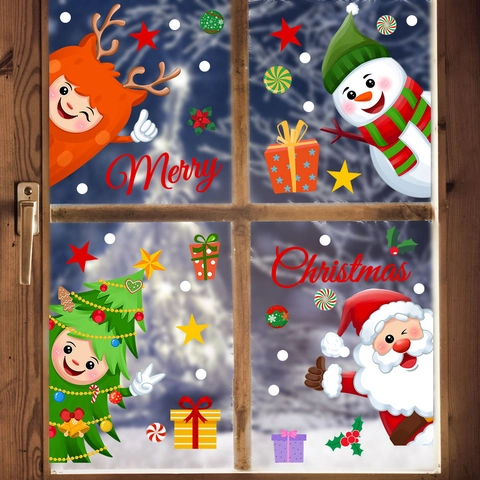 Christmas Window Stickers Static PVC Clings Santa Claus Snowman Reindeer Snowflakes Double Sided Visible Glass Decor