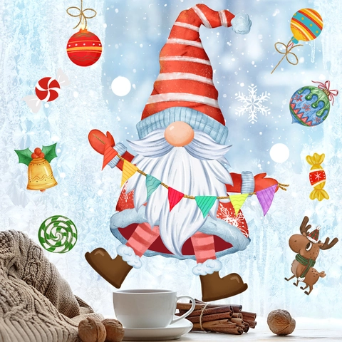 Adesivi Finestra Natale PVC Pellicola Statica Babbo Natale Gnomo Renna Fiocchi Di Neve Per Vetro Porta Decorazione Festiva