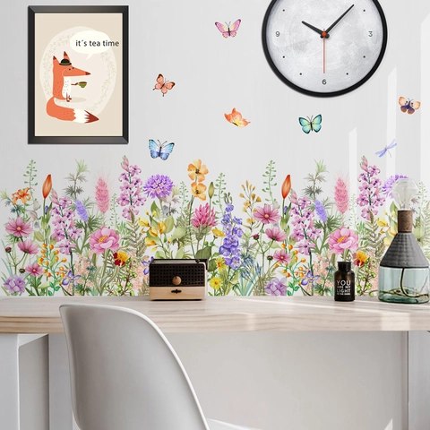 Watercolor Colorful Floral Butterfly Wall Stickers Waterproof PVC Removable Decals For Living Room Bedroom Kitchen Home Decor
