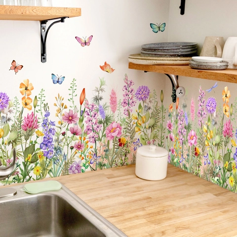 Watercolor Colorful Floral Butterfly Wall Stickers Waterproof PVC Removable Decals For Living Room Bedroom Kitchen Home Decor