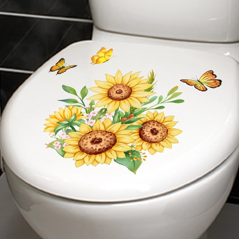 Pegatina de Pared de PVC Impermeable con Patrón de Girasol y Mariposa para Tapa de Inodoro Baño Sala de Estar Decoración del Hogar