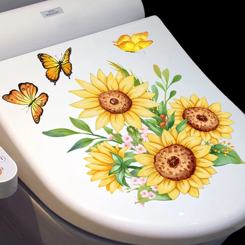 Pegatina de Pared de PVC Impermeable con Patrón de Girasol y Mariposa para Tapa de Inodoro Baño Sala de Estar Decoración del Hogar